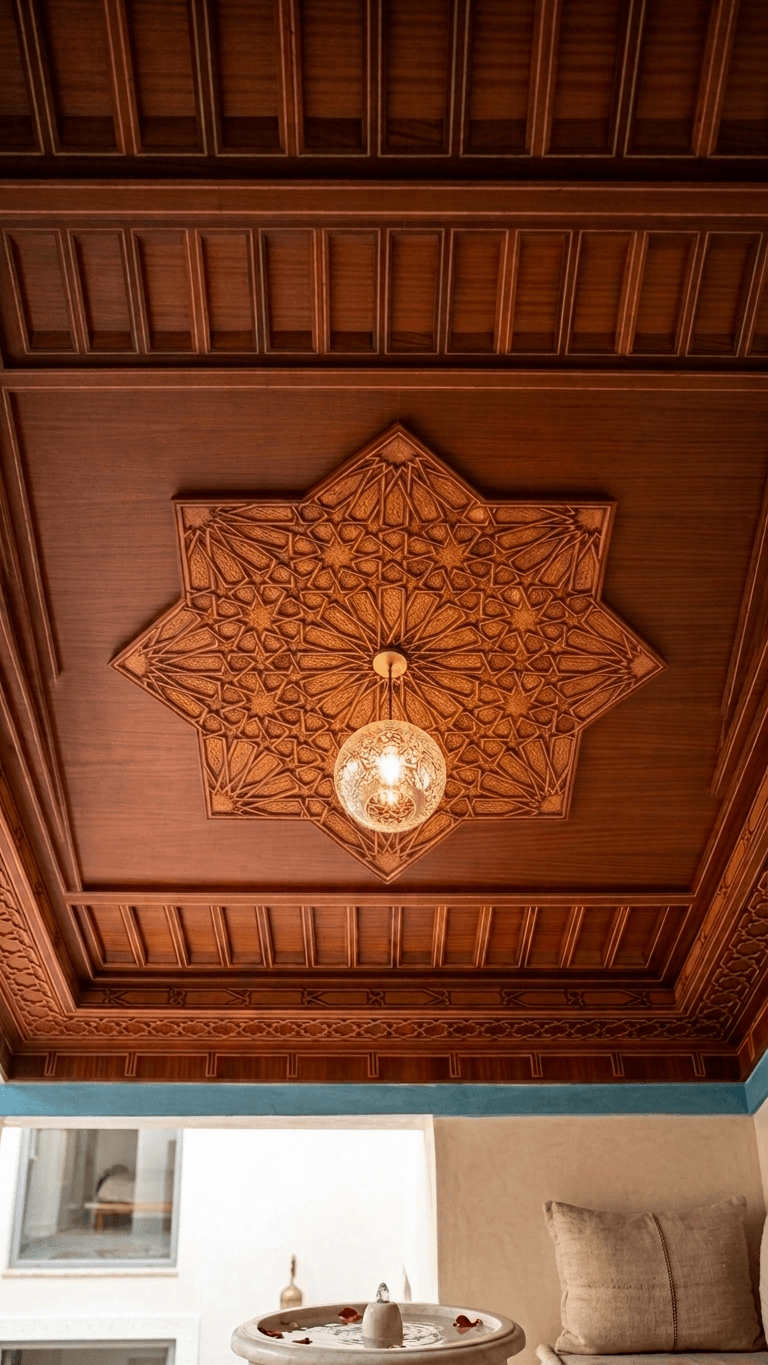 Plafond en Cèdre à Rosace Étoilée — Boiserie & Caissons Traditionnels de Fès