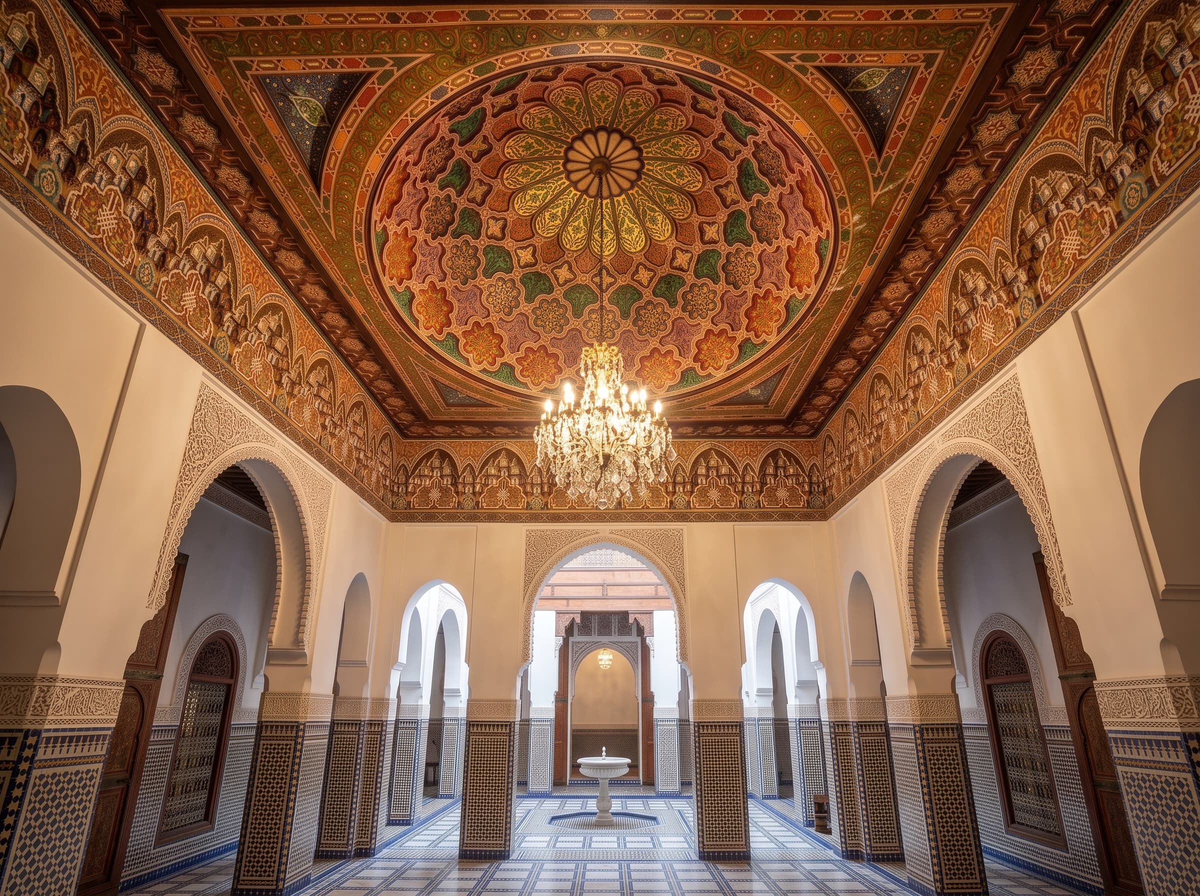 Dôme en bois de cèdre peint polychrome Zouak (Qubba) dans le Riad historique