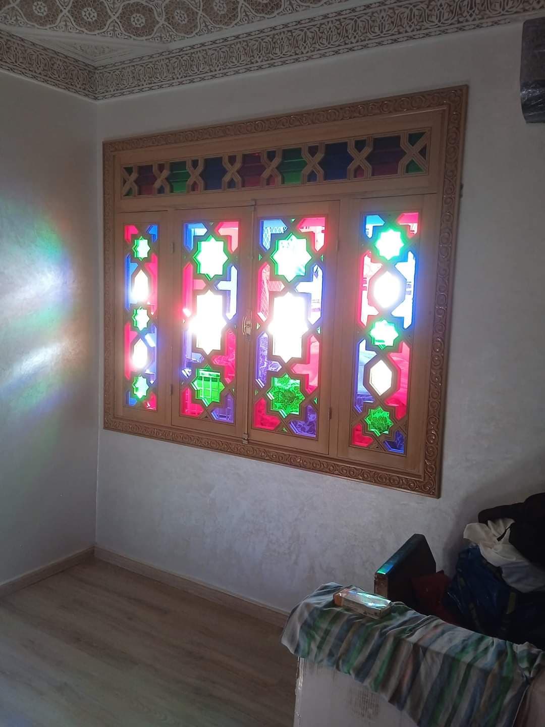 Handcrafted Cedar Wood Stained Glass Window with Geometric Openwork Transom