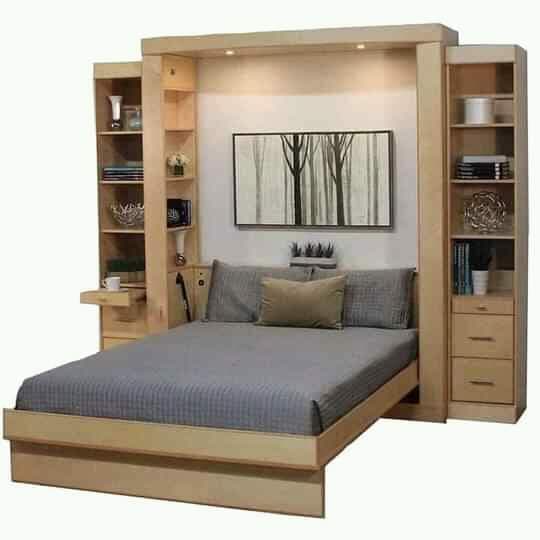 Unité de lit escamotable moderne en bois avec étagères intégrées