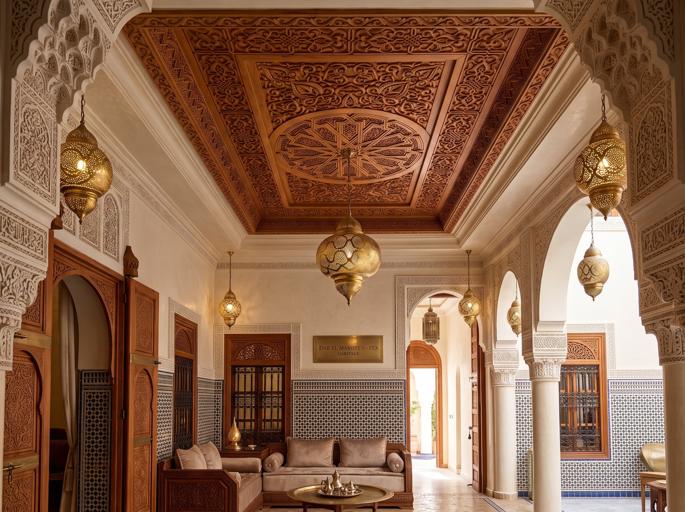 Plafond en bois de cèdre sculpté avec rosace centrale à Dar El Manheen - Fès